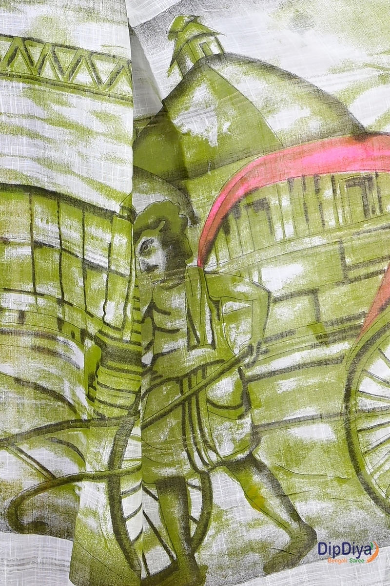 White Green Pure Cotton Soher Printed Handloom Saree (609)